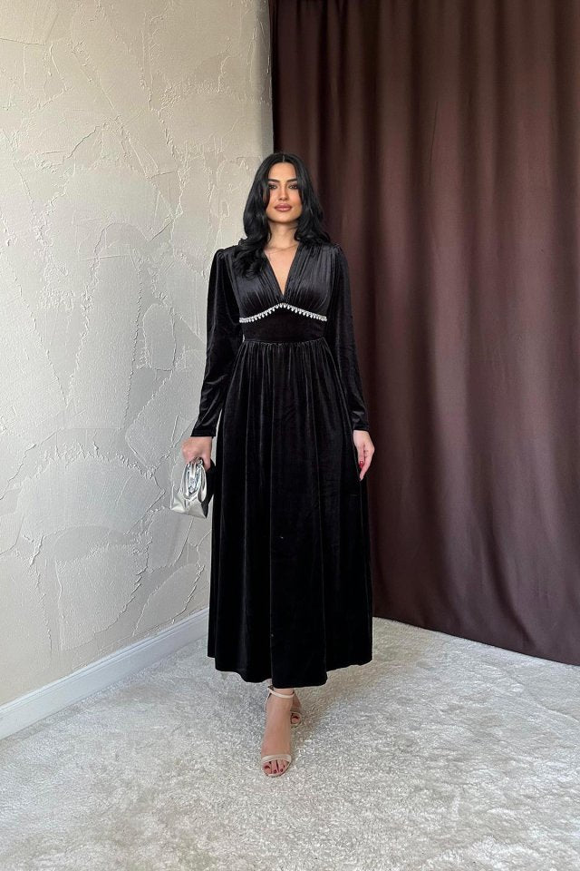 Saks Göğüs Altı Taşlı Elbise