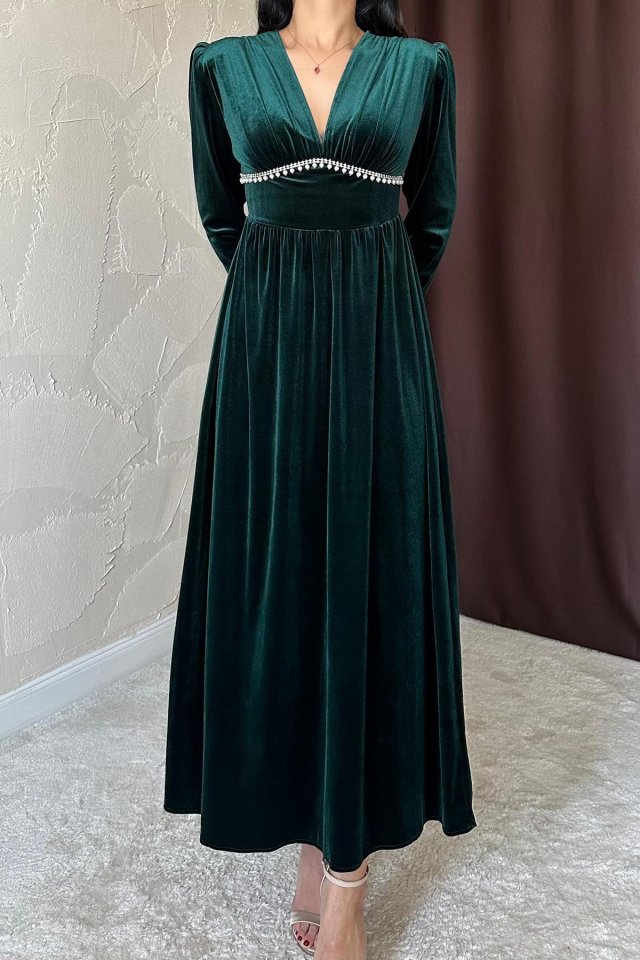 Saks Göğüs Altı Taşlı Elbise