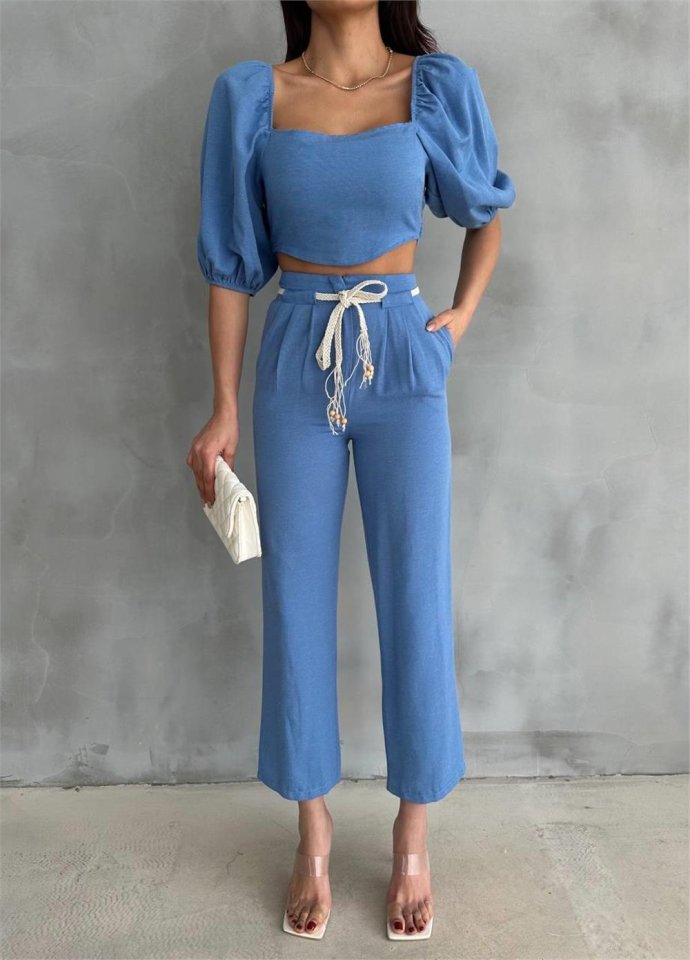 KETEN CROP KARPUZ KOL BLUZ-PANTOLON HASIR KEMERLİ - Orange