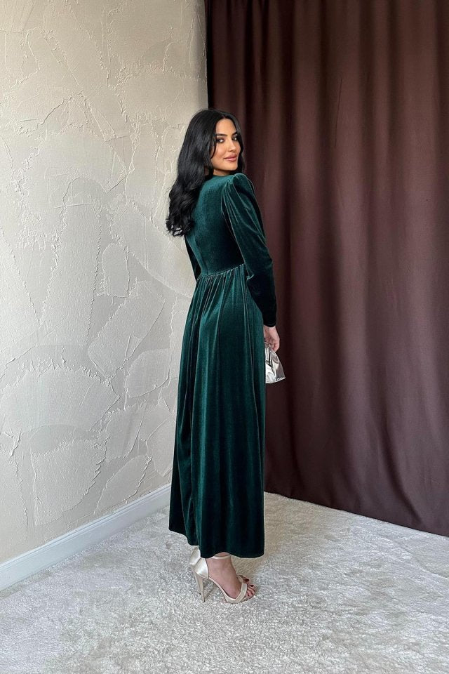 Saks Göğüs Altı Taşlı Elbise