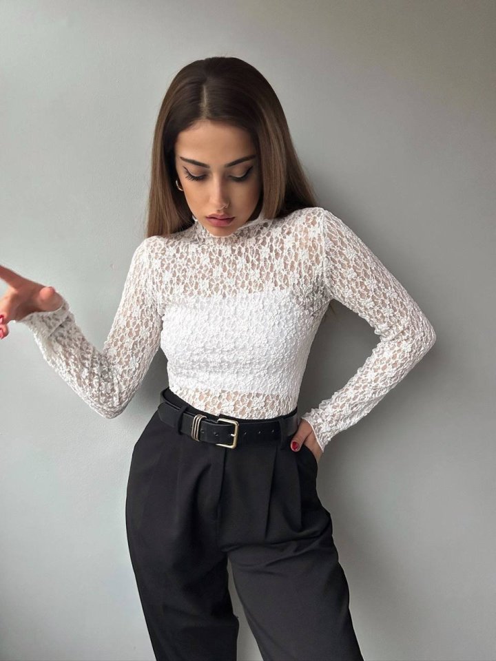 Kadın Likralı Dantel Transparan Uzun Kol Crop Bluz