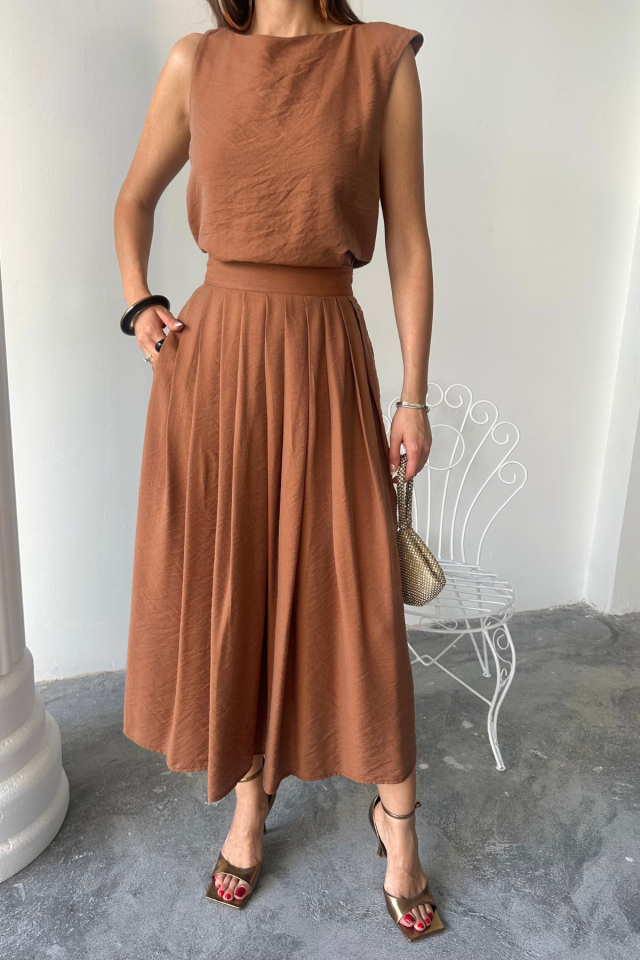 KETEN KOLSUZ BLUZ - MAXİ ETEK TAKIM - Pembe