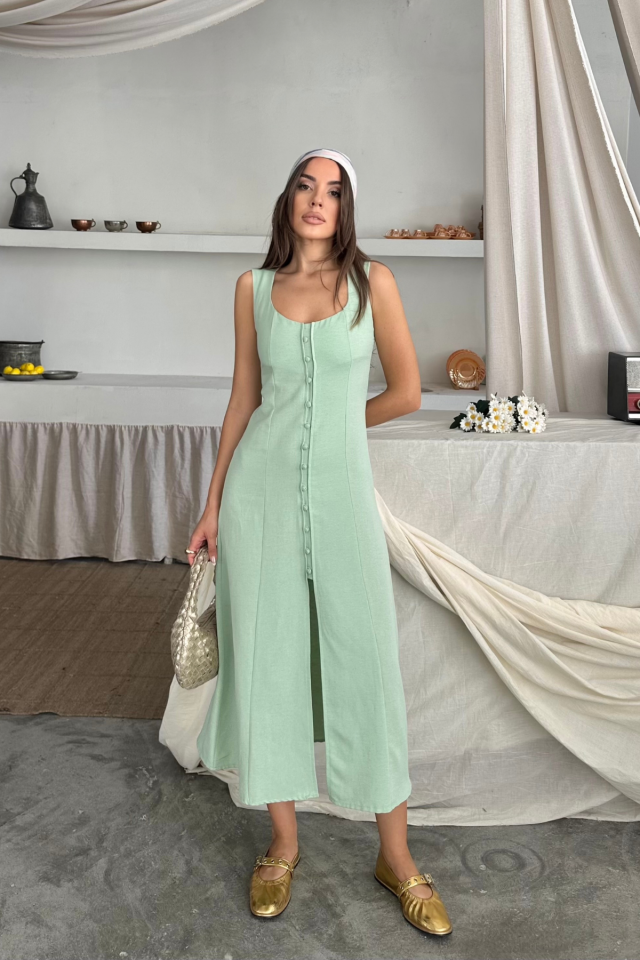 KETEN KOLSUZ KARE YAKA DÜĞME DETAYLI ELBİSE - Yağ Yeşili
