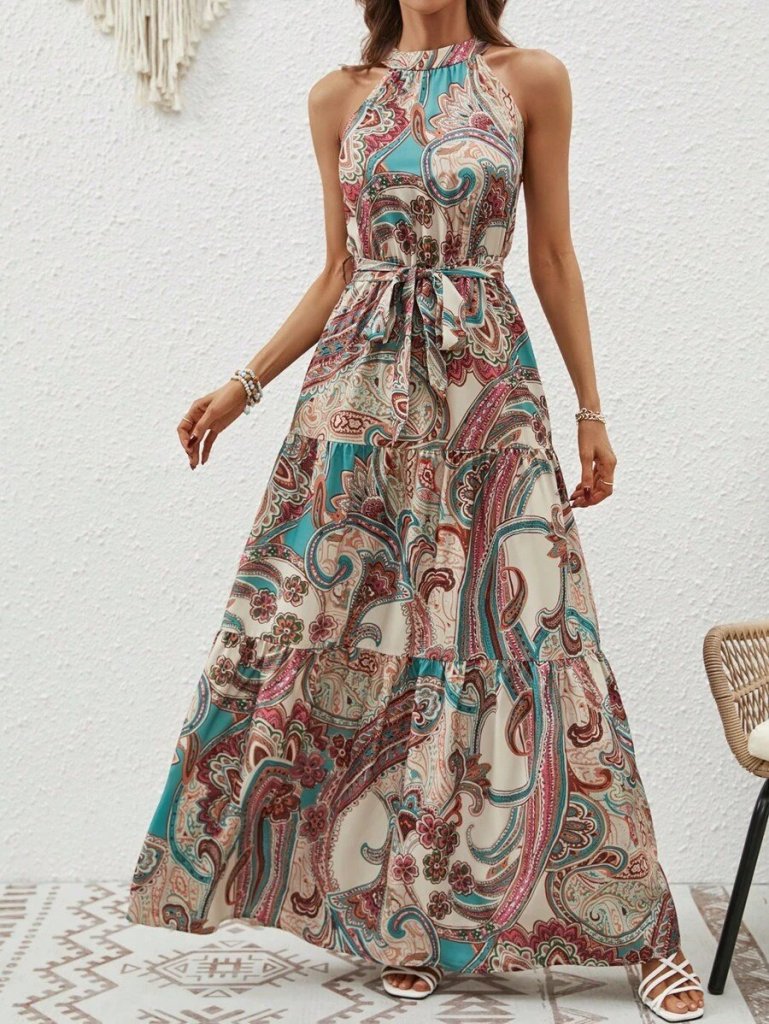 Kadın Halter Yakalı Omuzlardan Açık Kuşaklı Maksi Boy Desenli Süprem Elbise