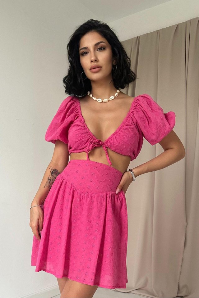 Ekru Brode Crop Ve Mini Etek Takım