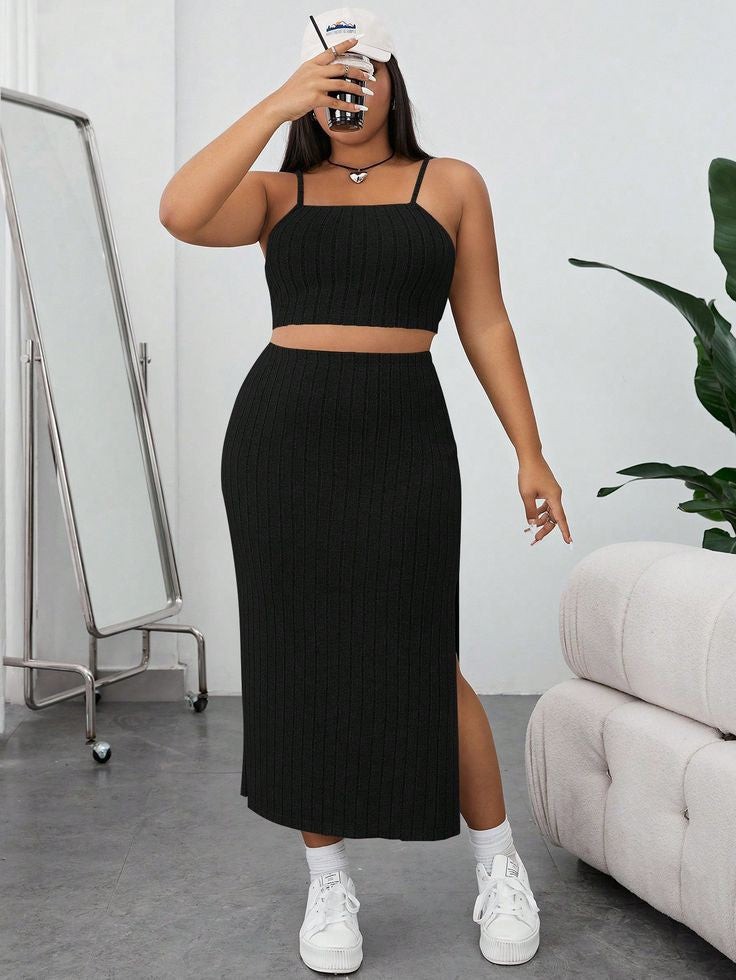 Kadın Kolsuz Askılı Crop Yırtmaçlı Midi Etek Fitilli Kaşkorse Takım