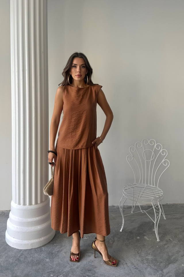 KETEN KOLSUZ BLUZ - MAXİ ETEK TAKIM - Pembe