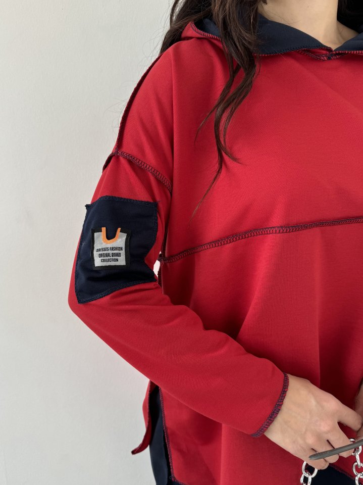 Kadın Indigo Kapşonlu Etek Ucu Detay Arma Ters Dikiş Gorunumlu Ikili Takım
