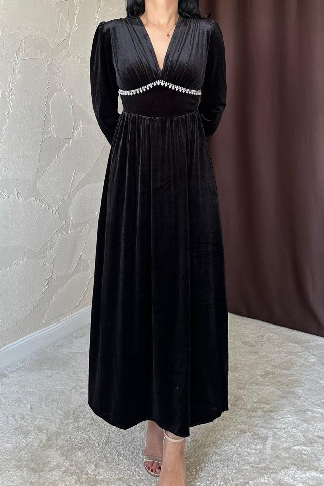 Saks Göğüs Altı Taşlı Elbise