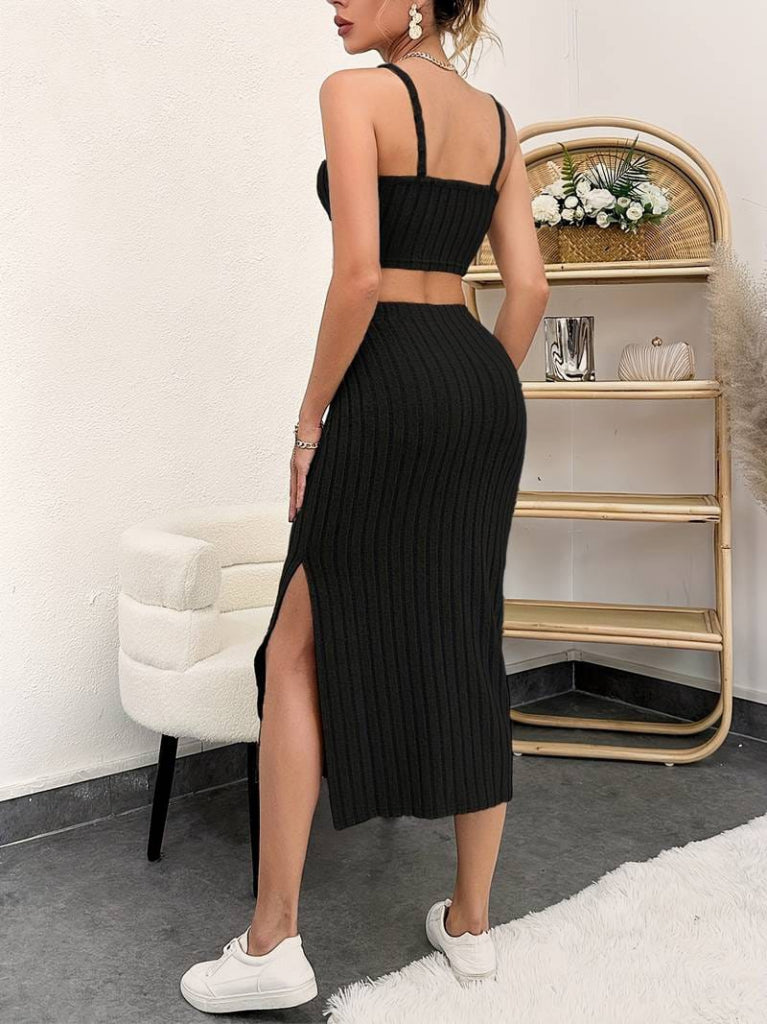 Kadın Kolsuz Askılı Crop Yırtmaçlı Midi Etek Fitilli Kaşkorse Takım