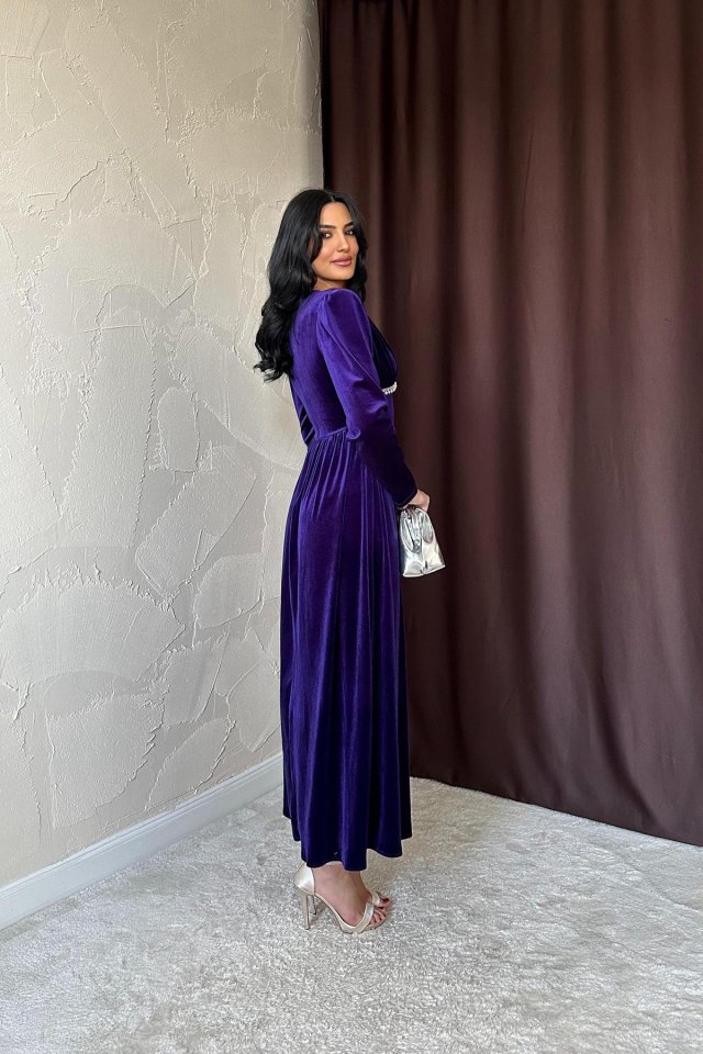Saks Göğüs Altı Taşlı Elbise