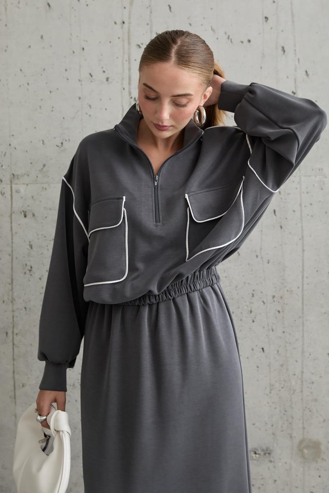 Haki Biyeli Sweatshirt Ve Etek Takım