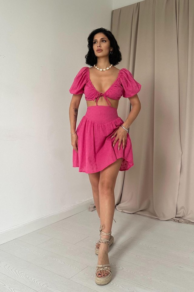 Ekru Brode Crop Ve Mini Etek Takım