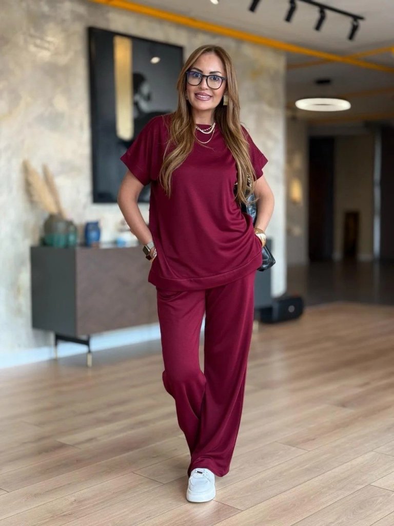 Kadın Kısa Kollu Bisiklet Yaka Viskon Iki Iplik Bluz Ve Pantolon Ikili Takım
