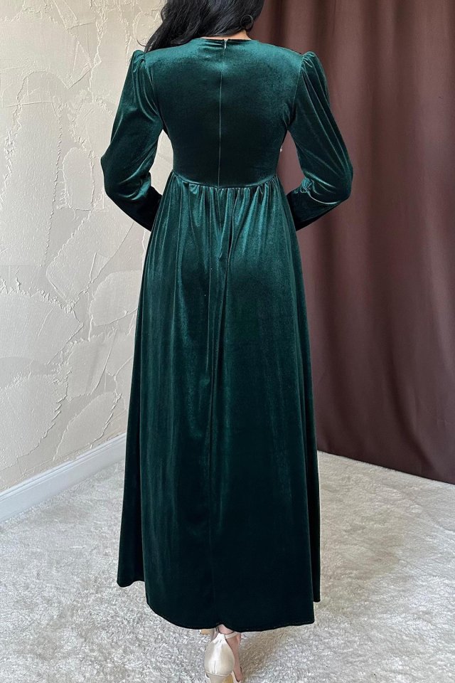 Saks Göğüs Altı Taşlı Elbise
