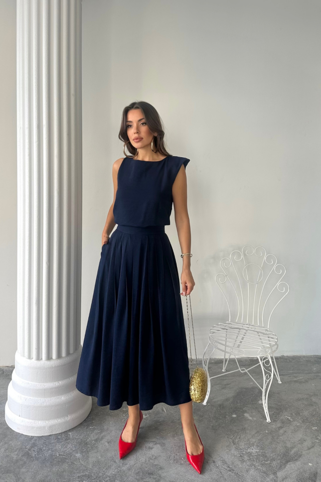 KETEN KOLSUZ BLUZ - MAXİ ETEK TAKIM - Pembe