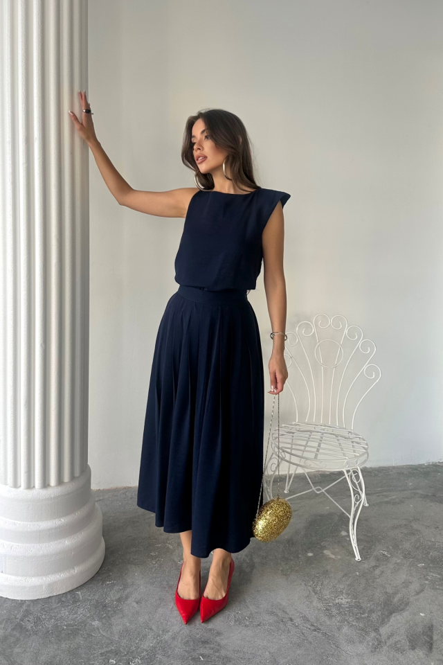 KETEN KOLSUZ BLUZ - MAXİ ETEK TAKIM - Pembe