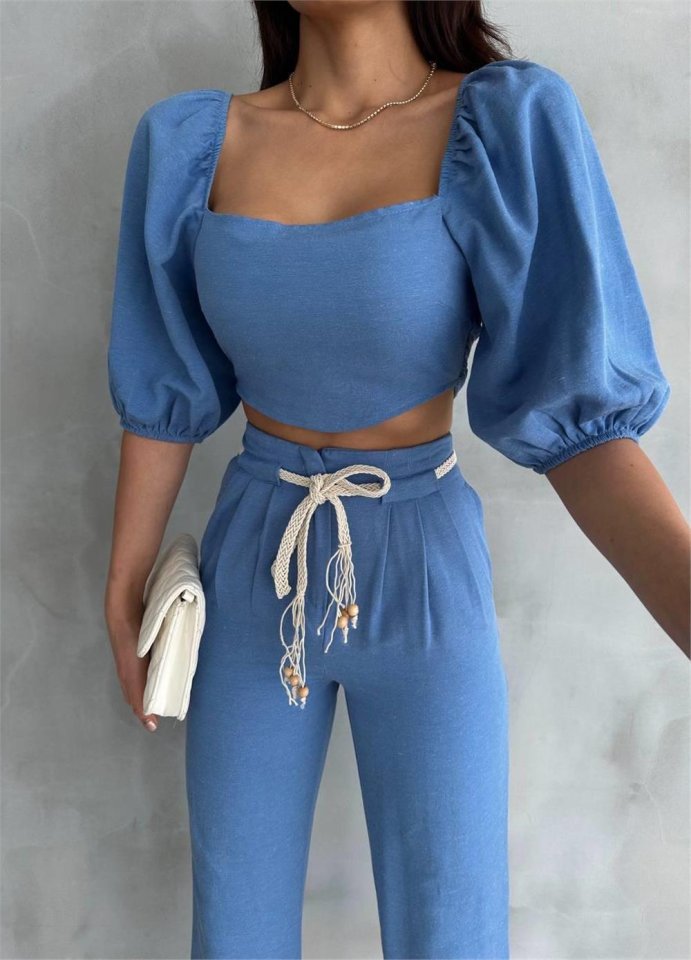 KETEN CROP KARPUZ KOL BLUZ-PANTOLON HASIR KEMERLİ - Orange