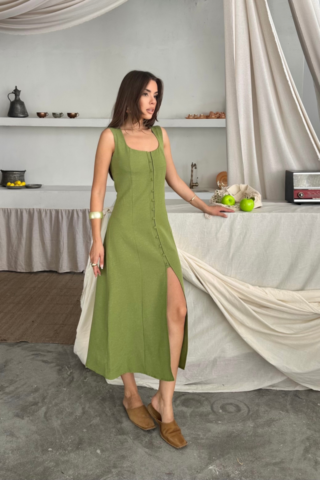 KETEN KOLSUZ KARE YAKA DÜĞME DETAYLI ELBİSE - Yağ Yeşili