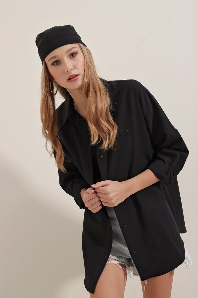 3900 Oversize Uzun Basic Gömlek - Koyu Lila