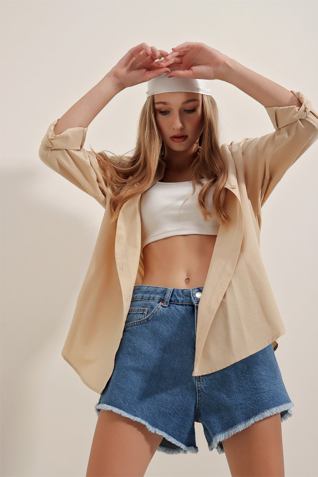 3900 Oversize Uzun Basic Gömlek - Koyu Lila