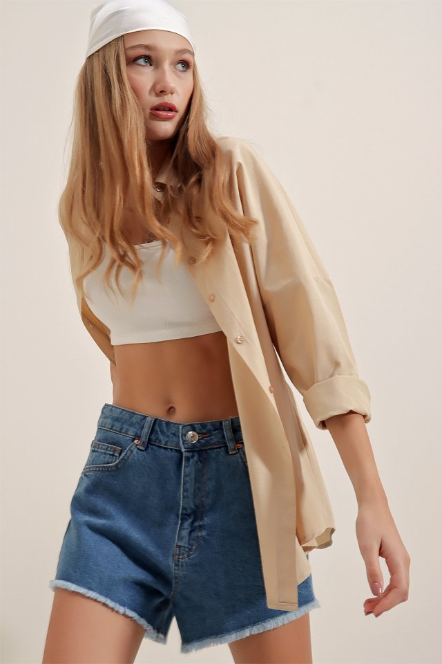 3900 Oversize Uzun Basic Gömlek - Koyu Lila