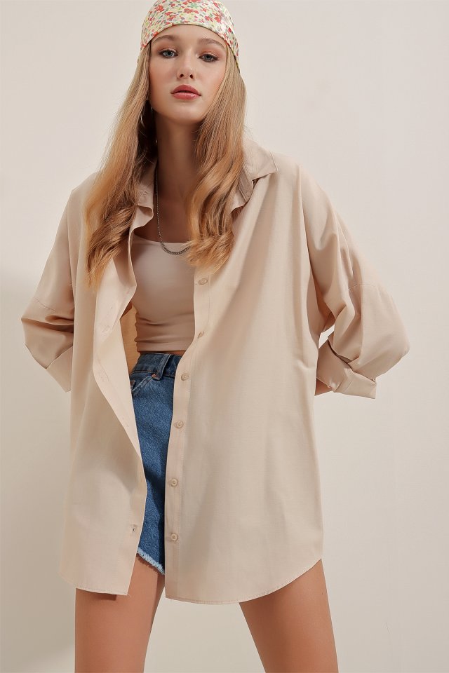 3900 Oversize Uzun Basic Gömlek - Koyu Lila