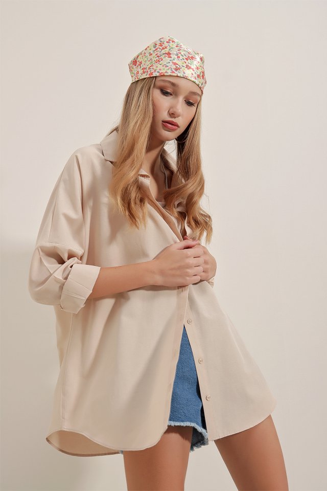 3900 Oversize Uzun Basic Gömlek - Koyu Lila