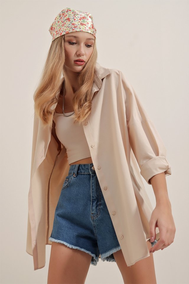 3900 Oversize Uzun Basic Gömlek - Koyu Lila