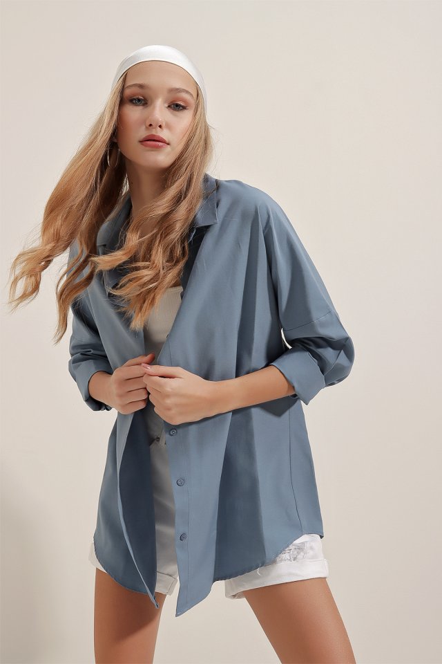 3900 Oversize Uzun Basic Gömlek - Koyu Lila