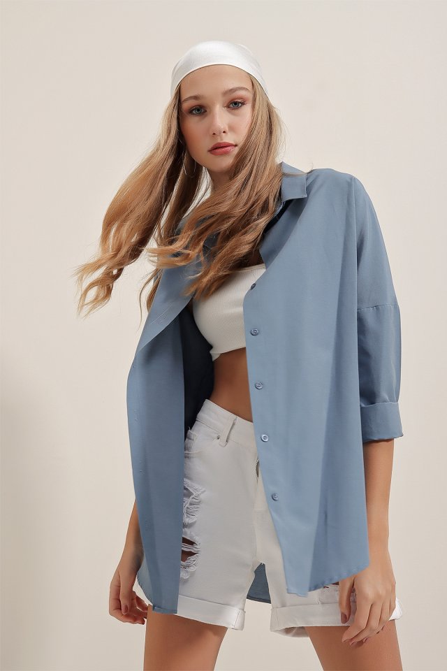 3900 Oversize Uzun Basic Gömlek - Koyu Lila