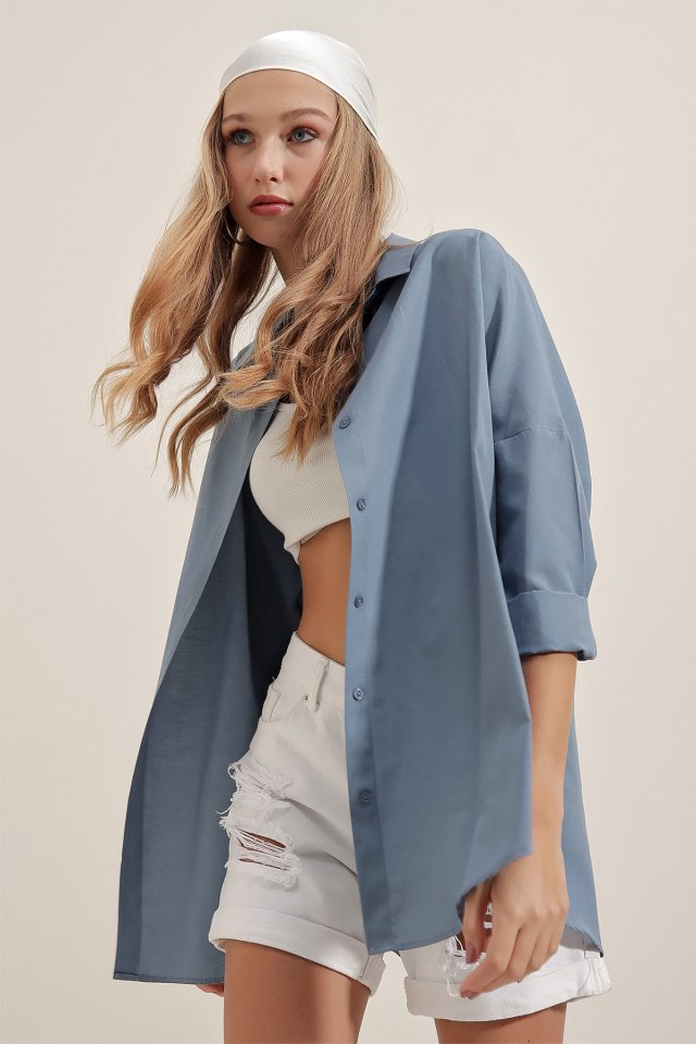 3900 Oversize Uzun Basic Gömlek - Koyu Lila