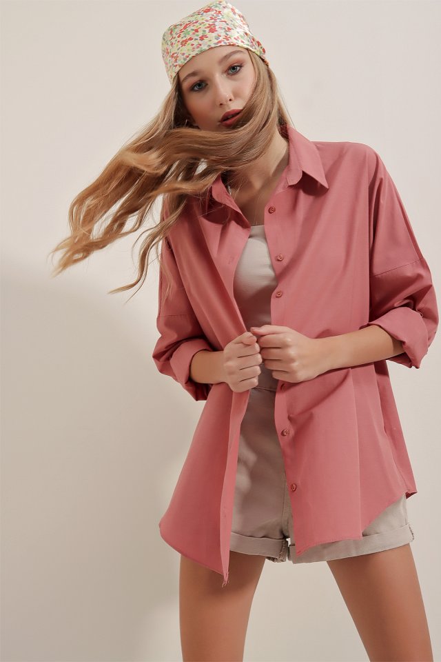 3900 Oversize Uzun Basic Gömlek - Koyu Lila