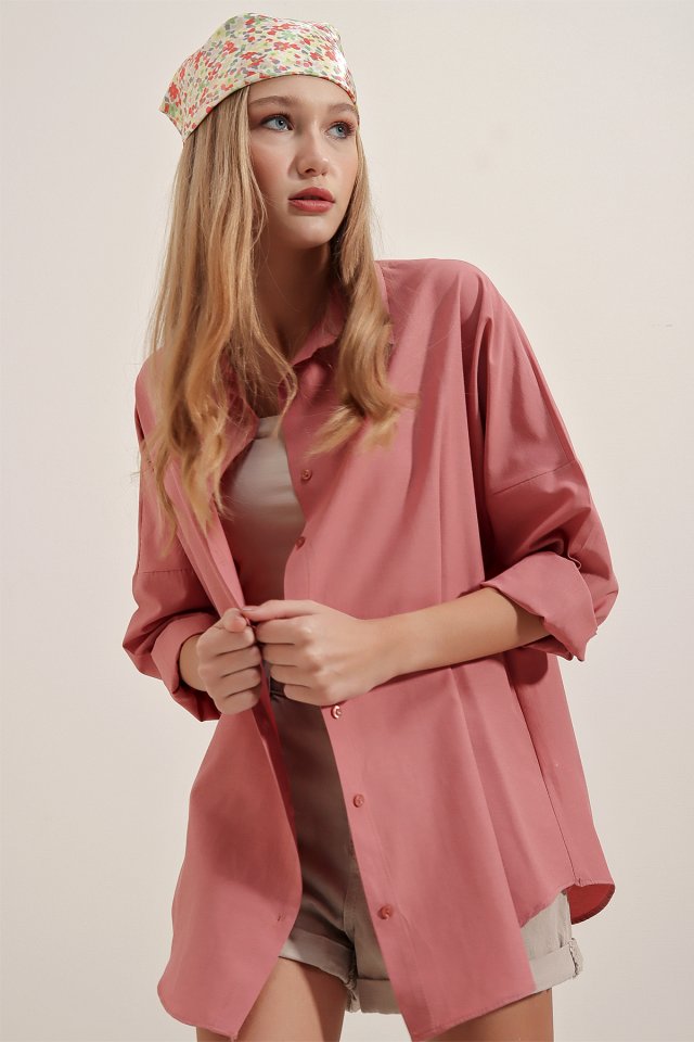 3900 Oversize Uzun Basic Gömlek - Koyu Lila