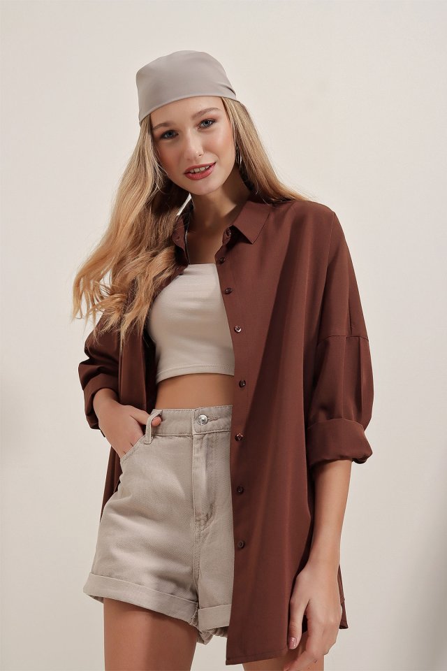 3900 Oversize Uzun Basic Gömlek - Koyu Lila