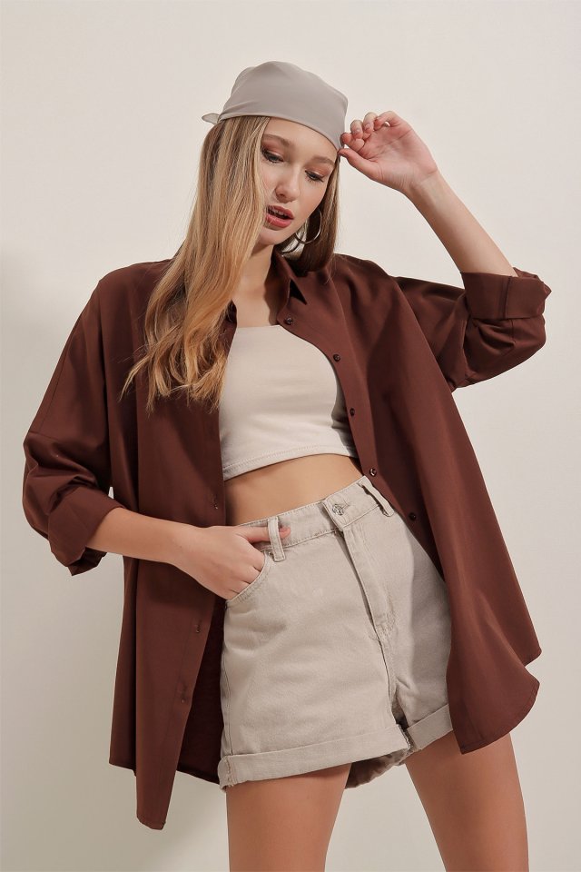 3900 Oversize Uzun Basic Gömlek - Koyu Lila