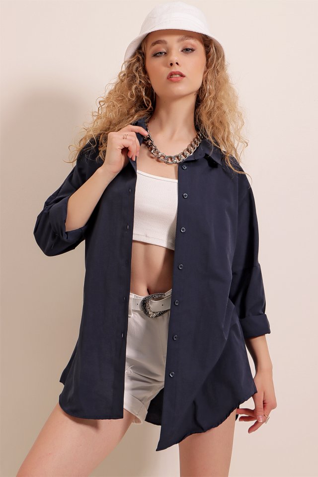 3900 Oversize Uzun Basic Gömlek - Koyu Lila