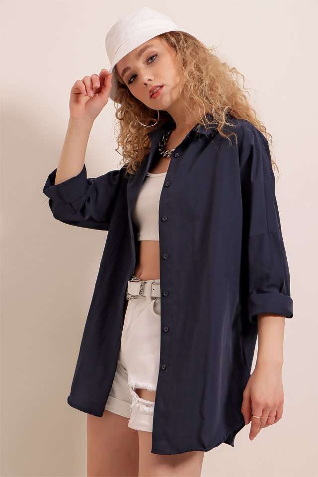 3900 Oversize Uzun Basic Gömlek - Koyu Lila