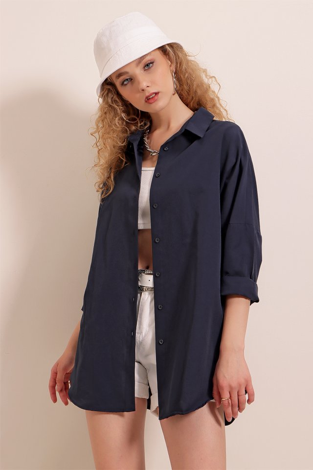 3900 Oversize Uzun Basic Gömlek - Koyu Lila
