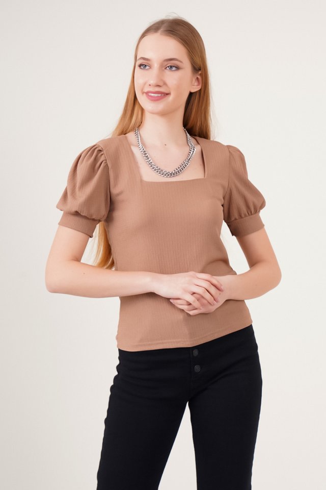 0409 Kare Yaka Örme Bluz - Yeşil