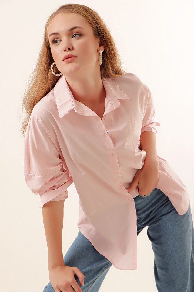 3900 Oversize Uzun Basic Gömlek - Koyu Lila