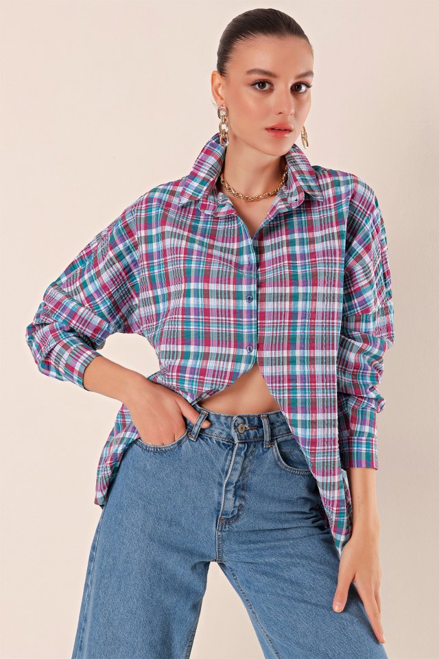 3900 Oversize Uzun Basic Gömlek - Koyu Lila