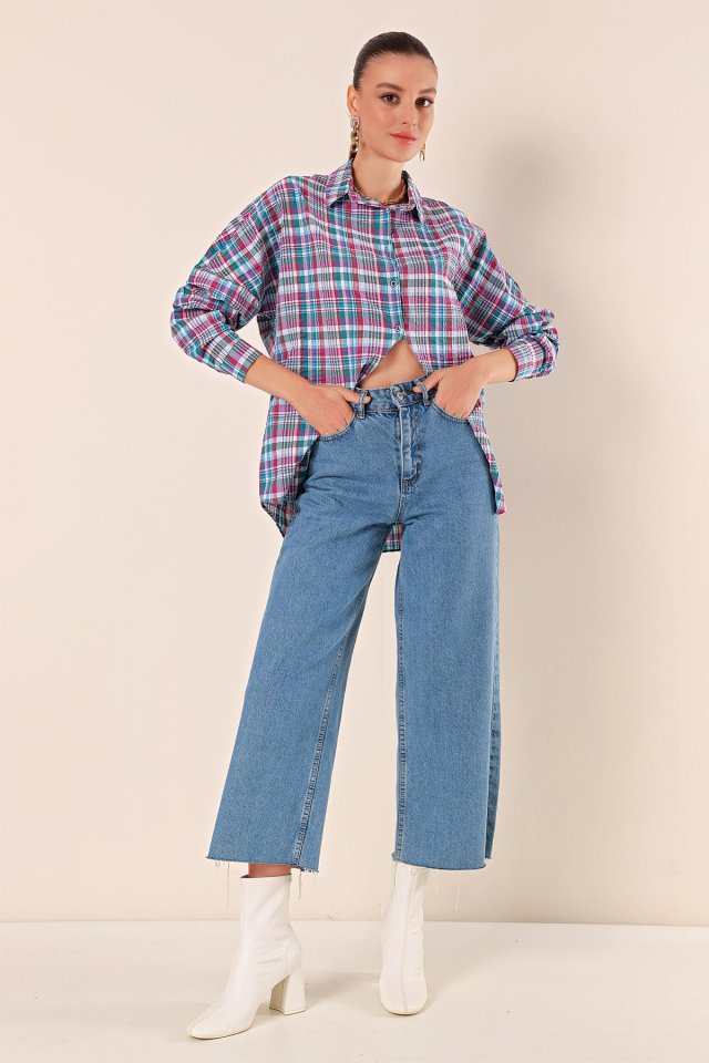 3900 Oversize Uzun Basic Gömlek - Koyu Lila