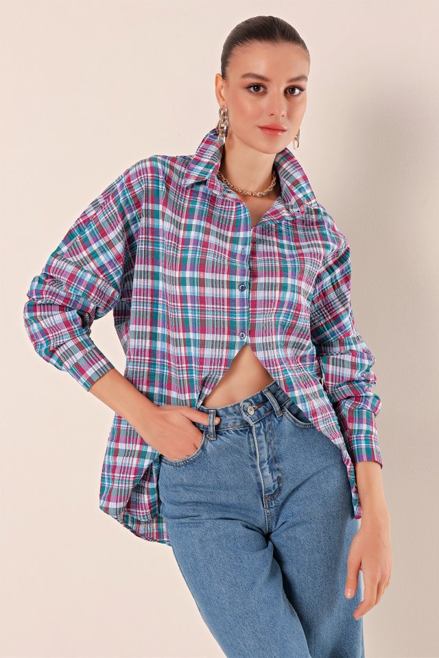 3900 Oversize Uzun Basic Gömlek - Koyu Lila