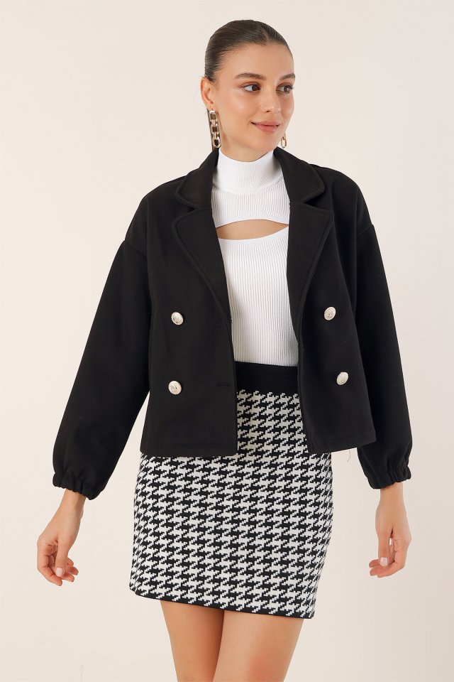 9117 Kruvaze Yaka Crop Ceket - Bej
