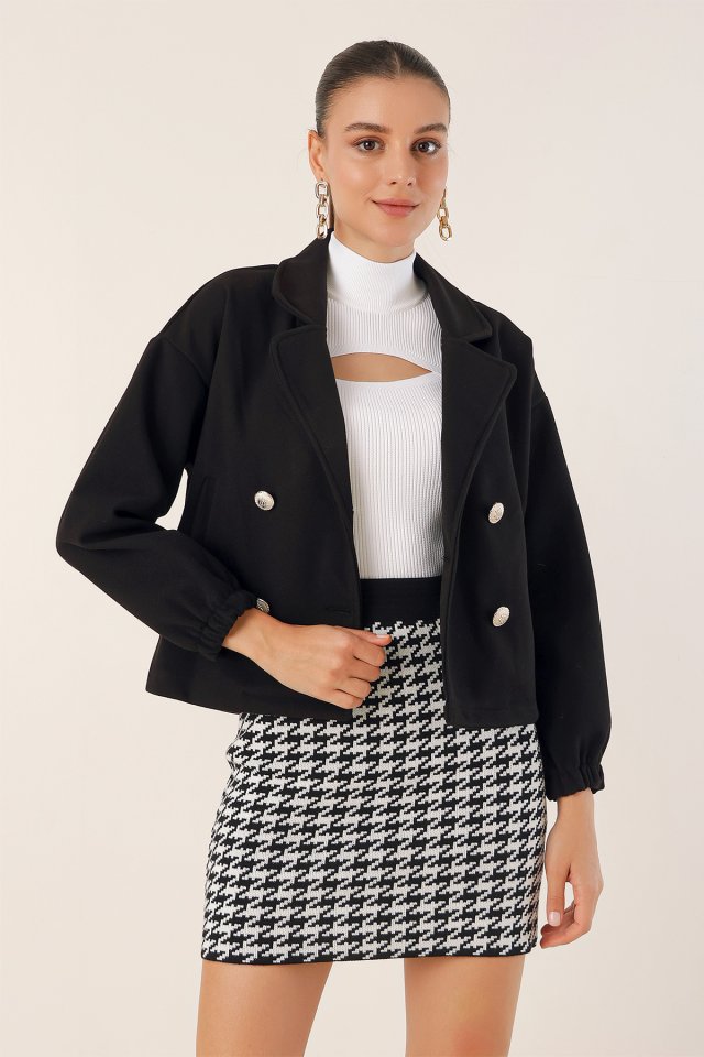 9117 Kruvaze Yaka Crop Ceket - Bej