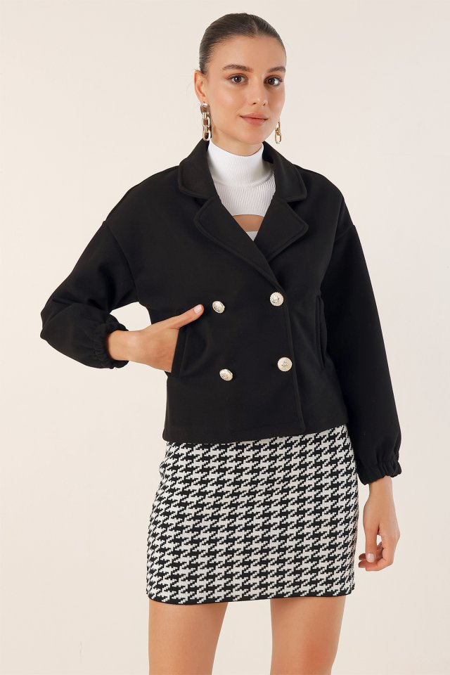 9117 Kruvaze Yaka Crop Ceket - Bej