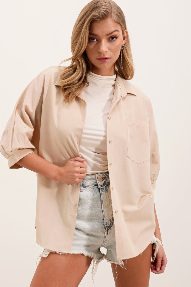 20213 Oversize Kısa Kol Basic Gömlek - Lila