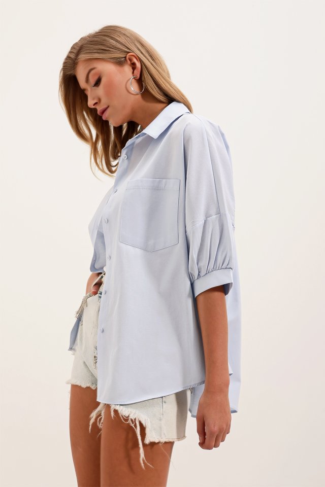 20213 Oversize Kısa Kol Basic Gömlek - Lila