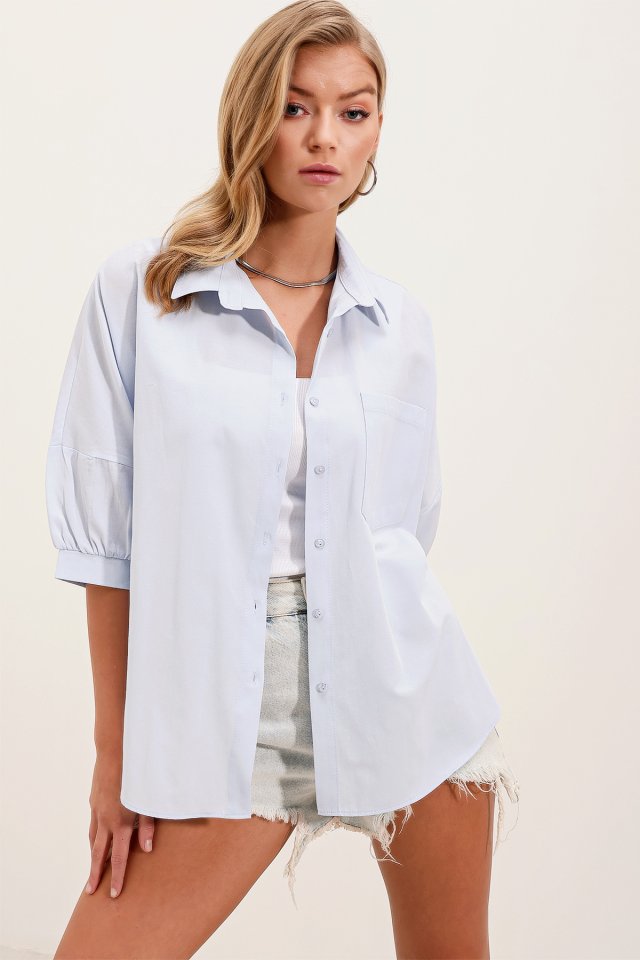 20213 Oversize Kısa Kol Basic Gömlek - Lila